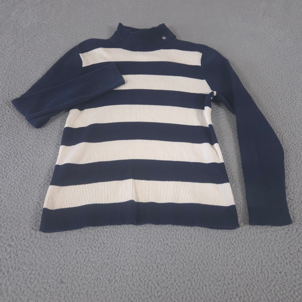 Lauren Ralph Lauren Sweater Womens XL Navy White Striped Cotton Ribbed Mock Neck